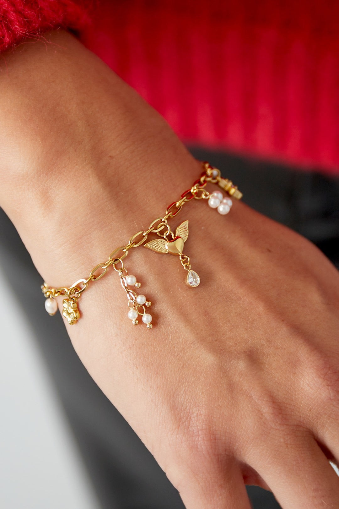 Silver Angel Wing + Pearl Charm Bracelet