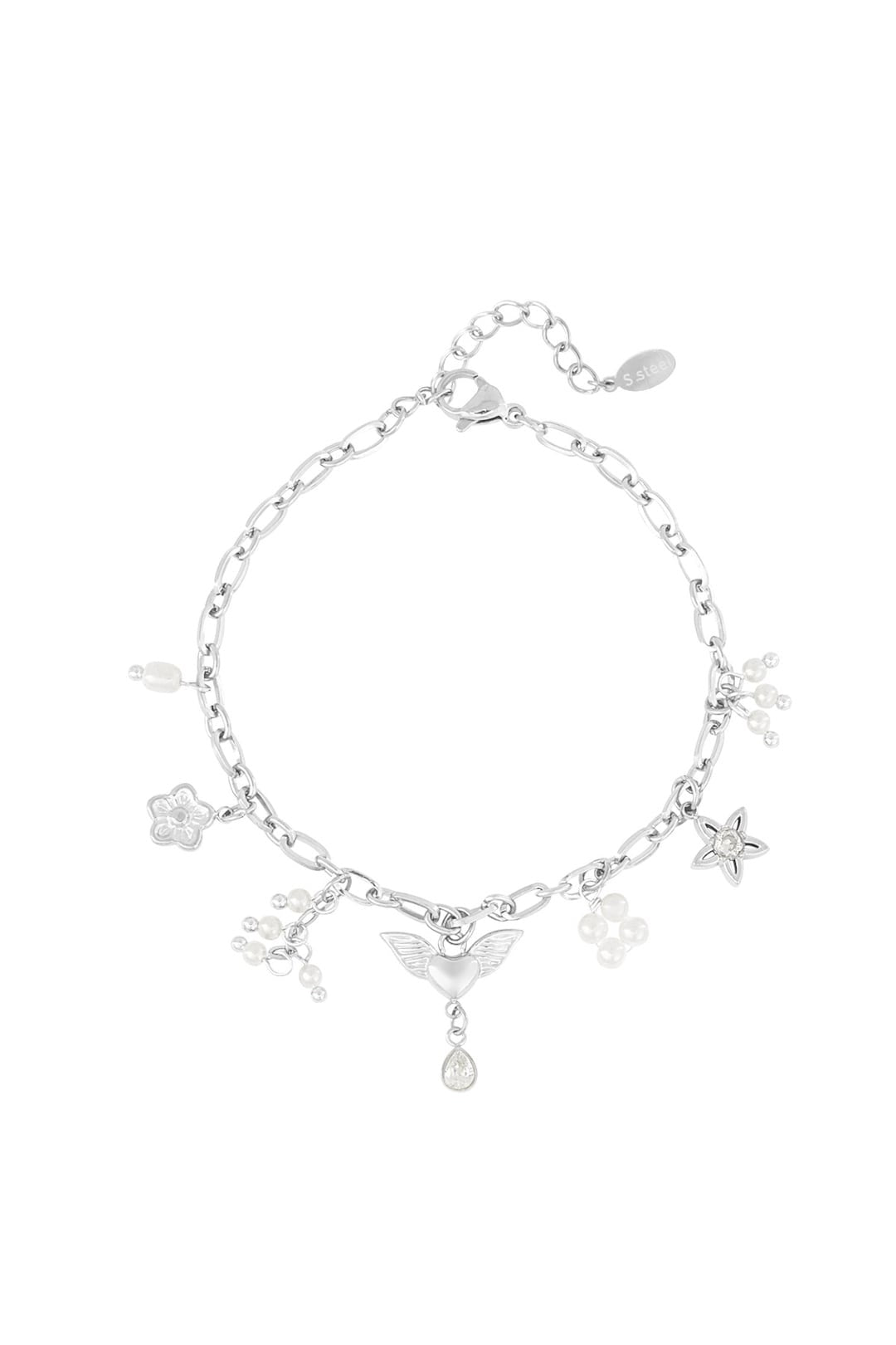 Silver Angel Wing + Pearl Charm Bracelet