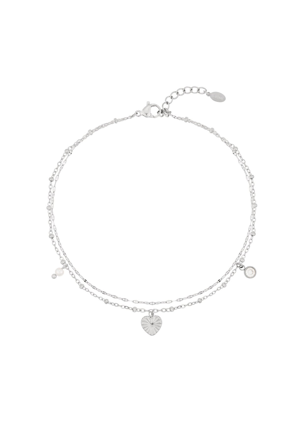 Layered Double Chain Heart Pearl Silver Anklet