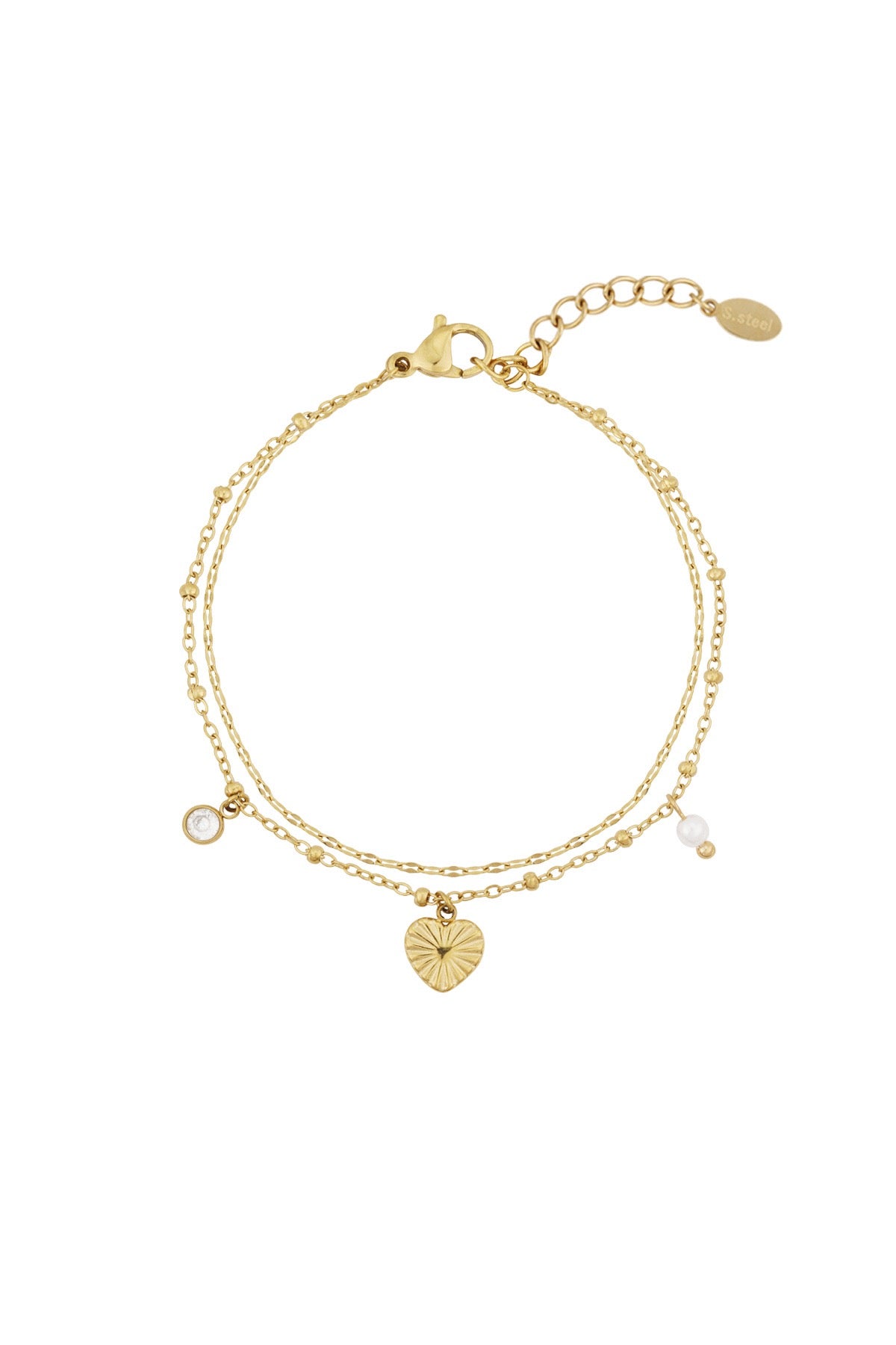 Layered Double Chain Heart Pearl Gold Bracelet