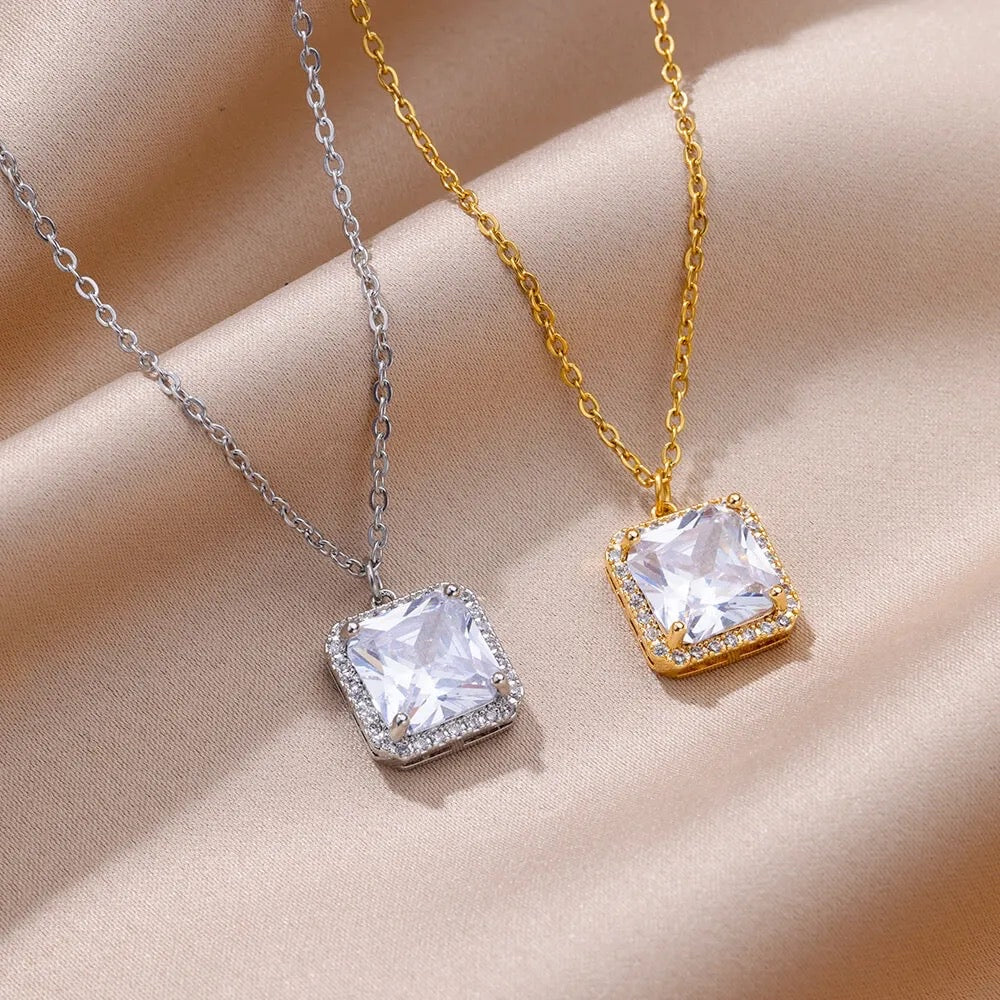 Square Cubic Zirconia Silver Pendant Necklace