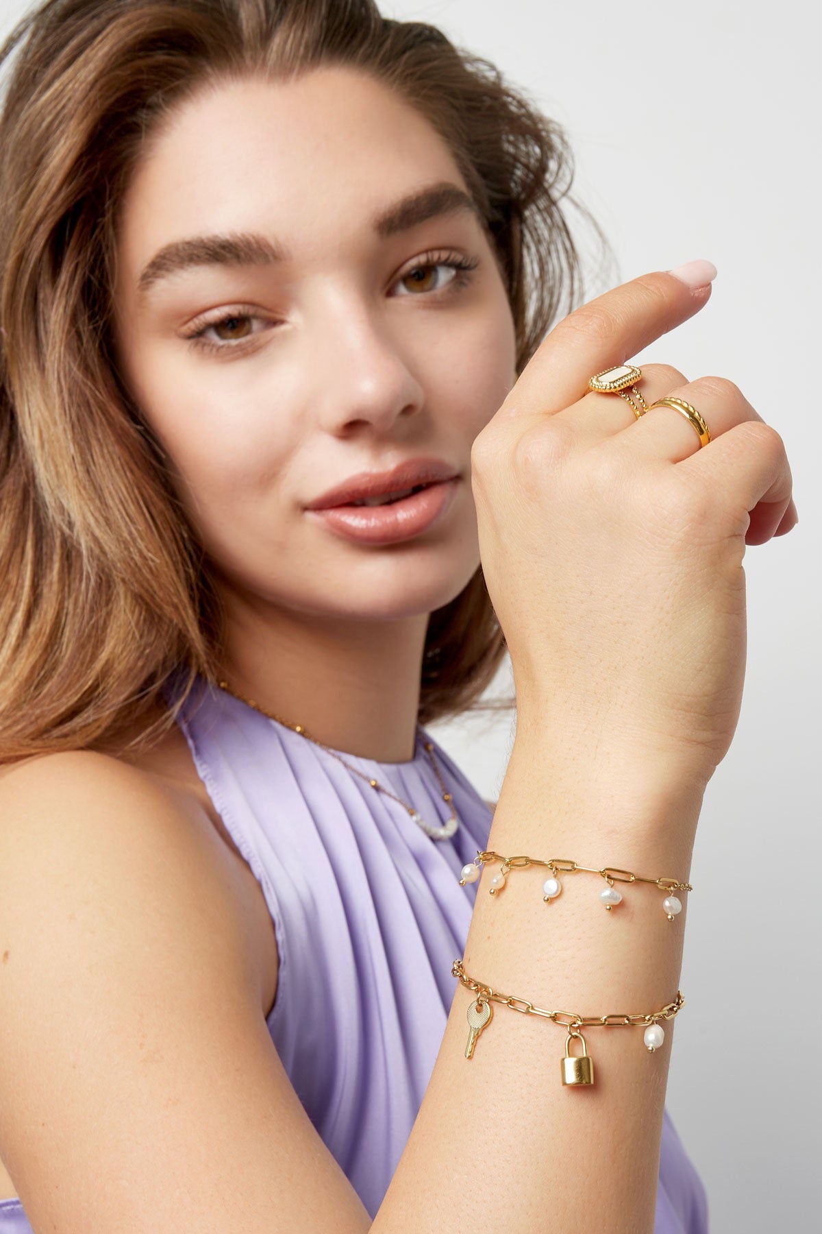 Gold Padlock + Key Pearl Charm Bracelet