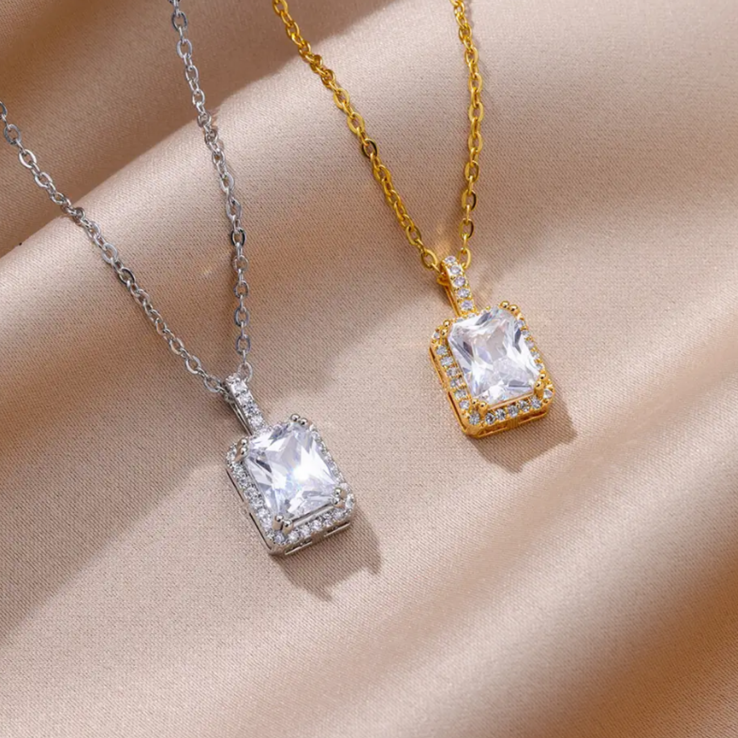 Rectangle Cubic Zirconia Gold Pendant Necklace