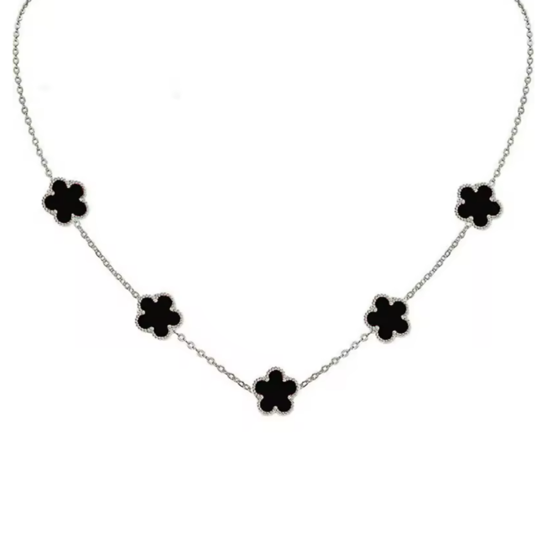 Double Sided Black Clover Silver Necklace