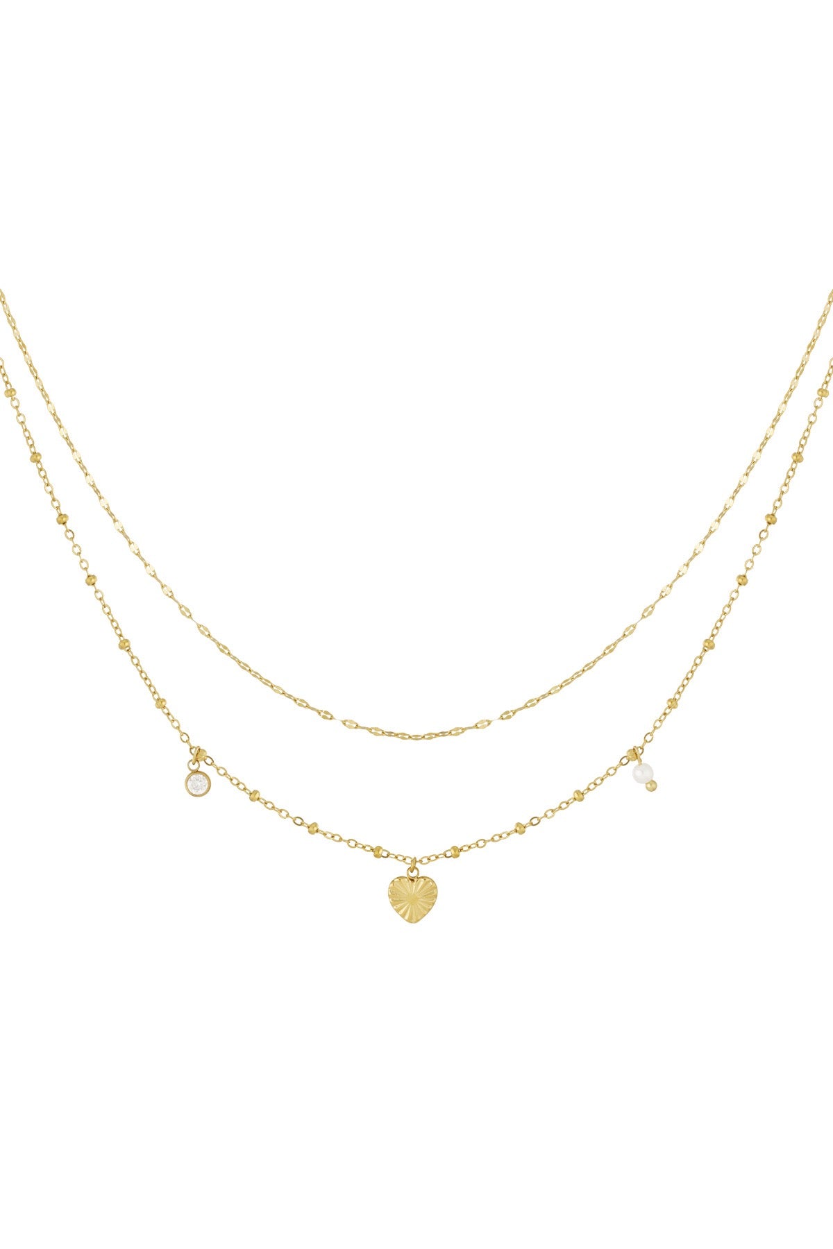 Layered Double Chain Heart Pearl Gold Necklace