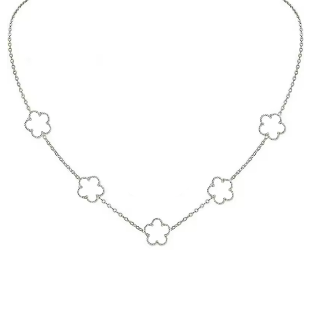 Double Sided White Clover Silver Necklace