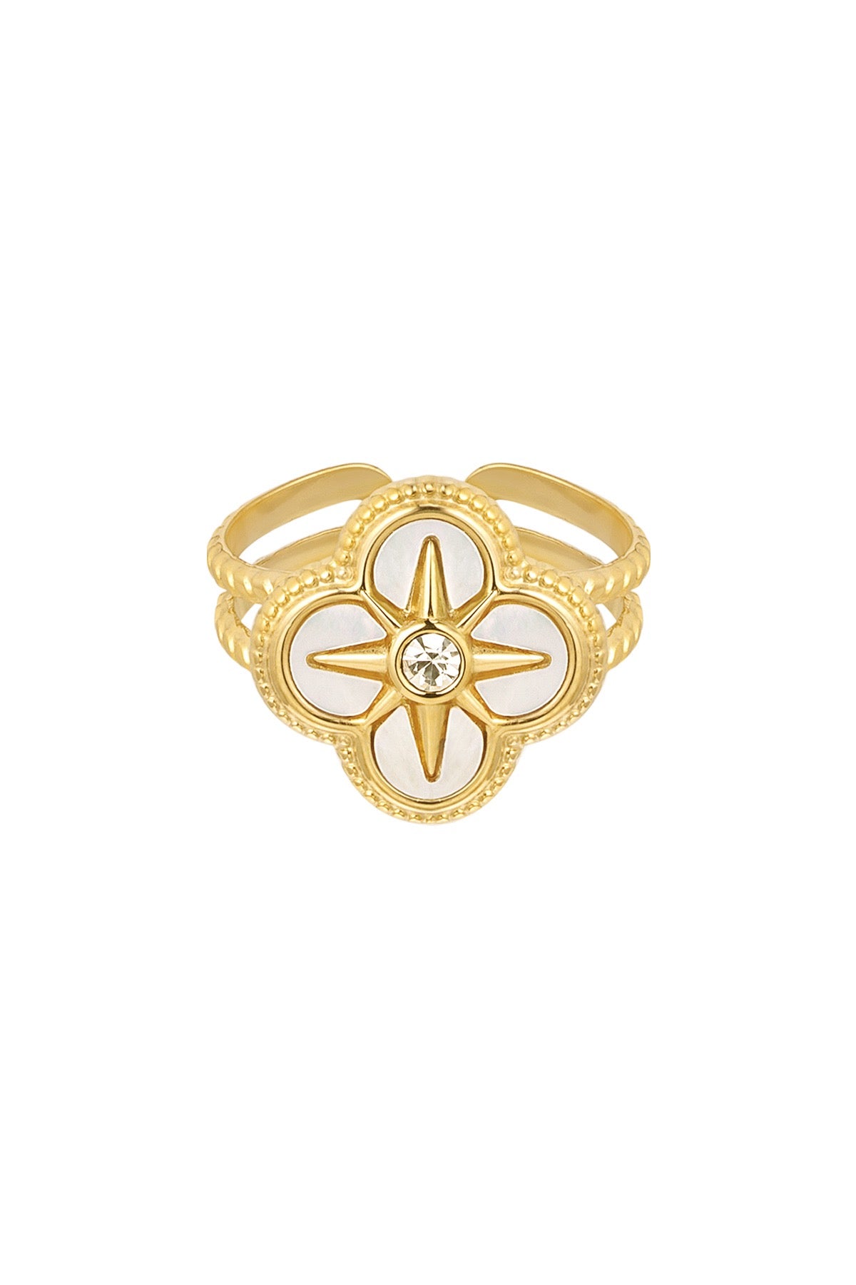 Pearl Clover Cubic Zirconia Gold Adjustable Ring