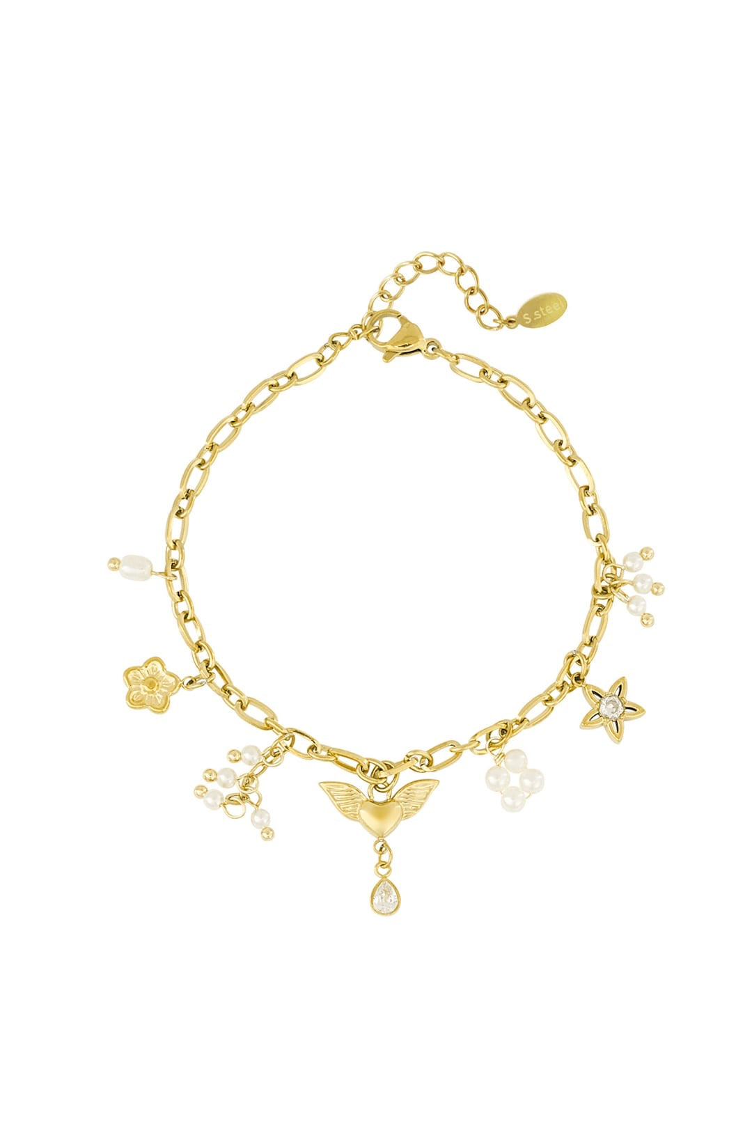 Gold Angel Wing + Pearl Charm Bracelet