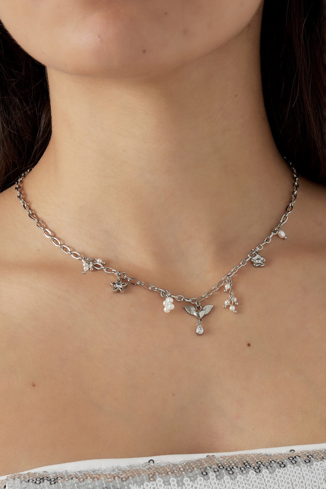 Silver Angel Wing + Pearl Charm Necklace