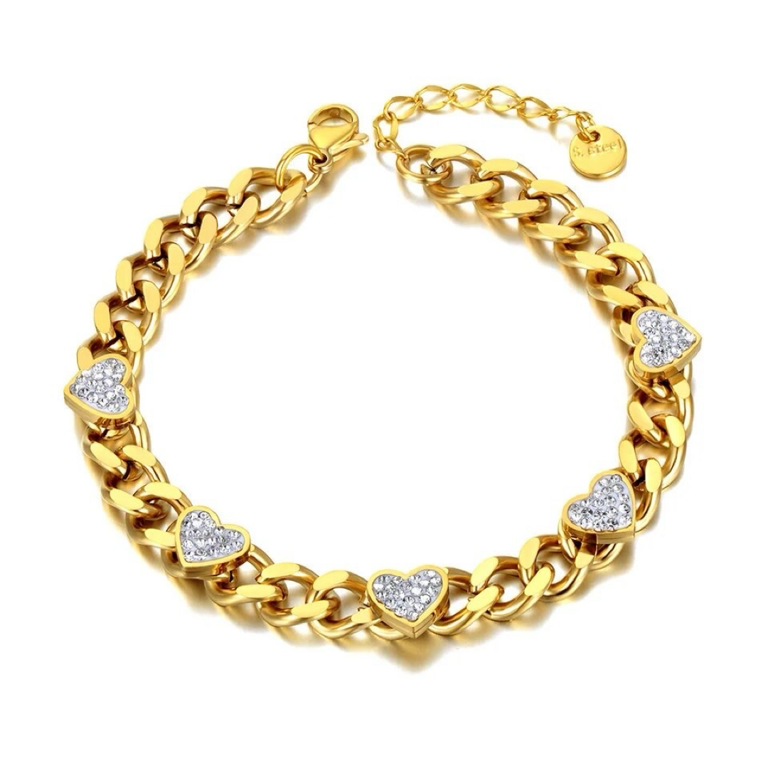 Heart Cubic Zirconia Gold Chain Bracelet
