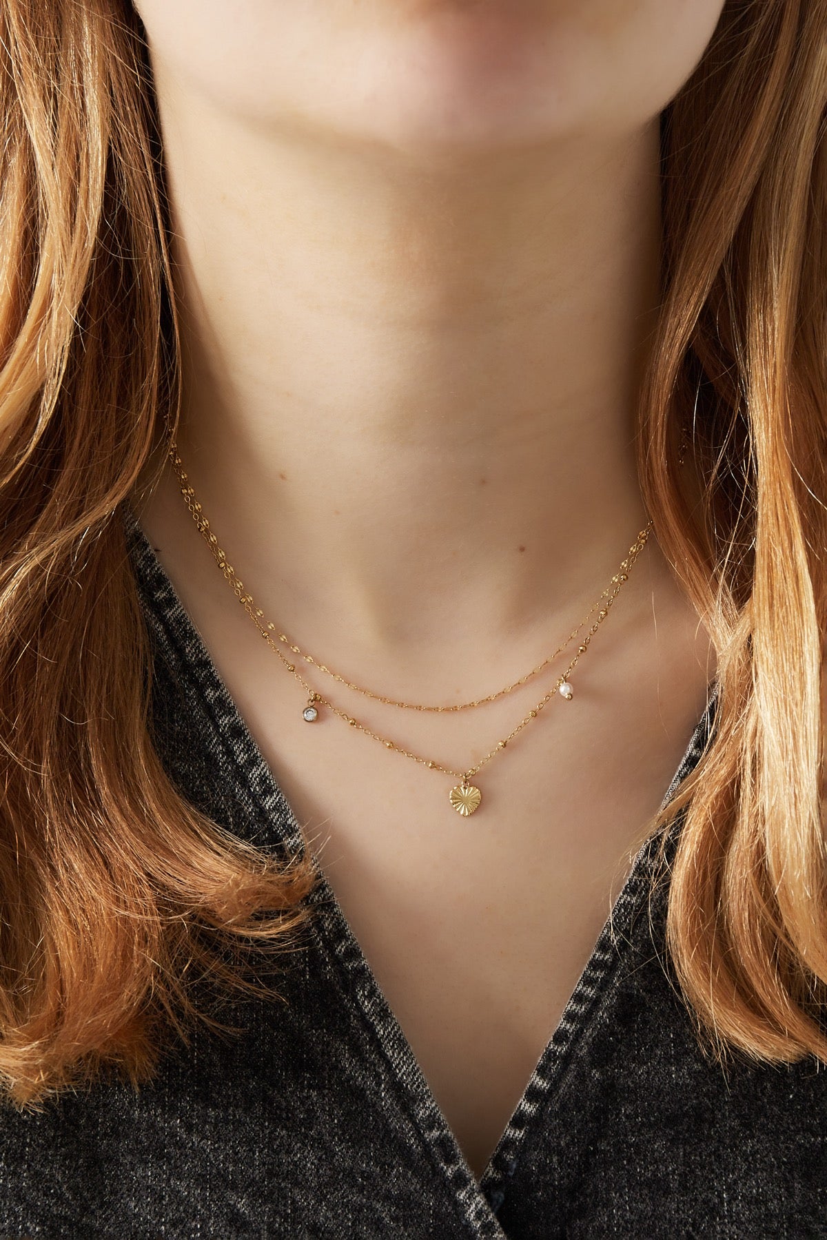 Layered Double Chain Heart Pearl Gold Necklace