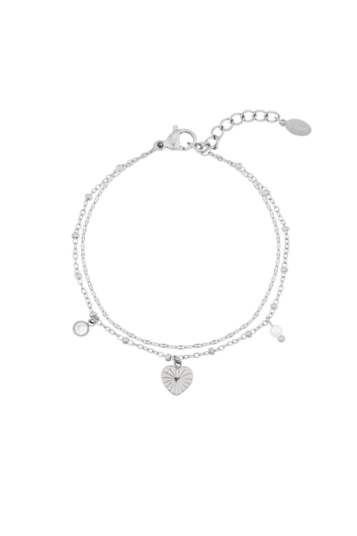 Layered Double Chain Heart Pearl Silver Bracelet