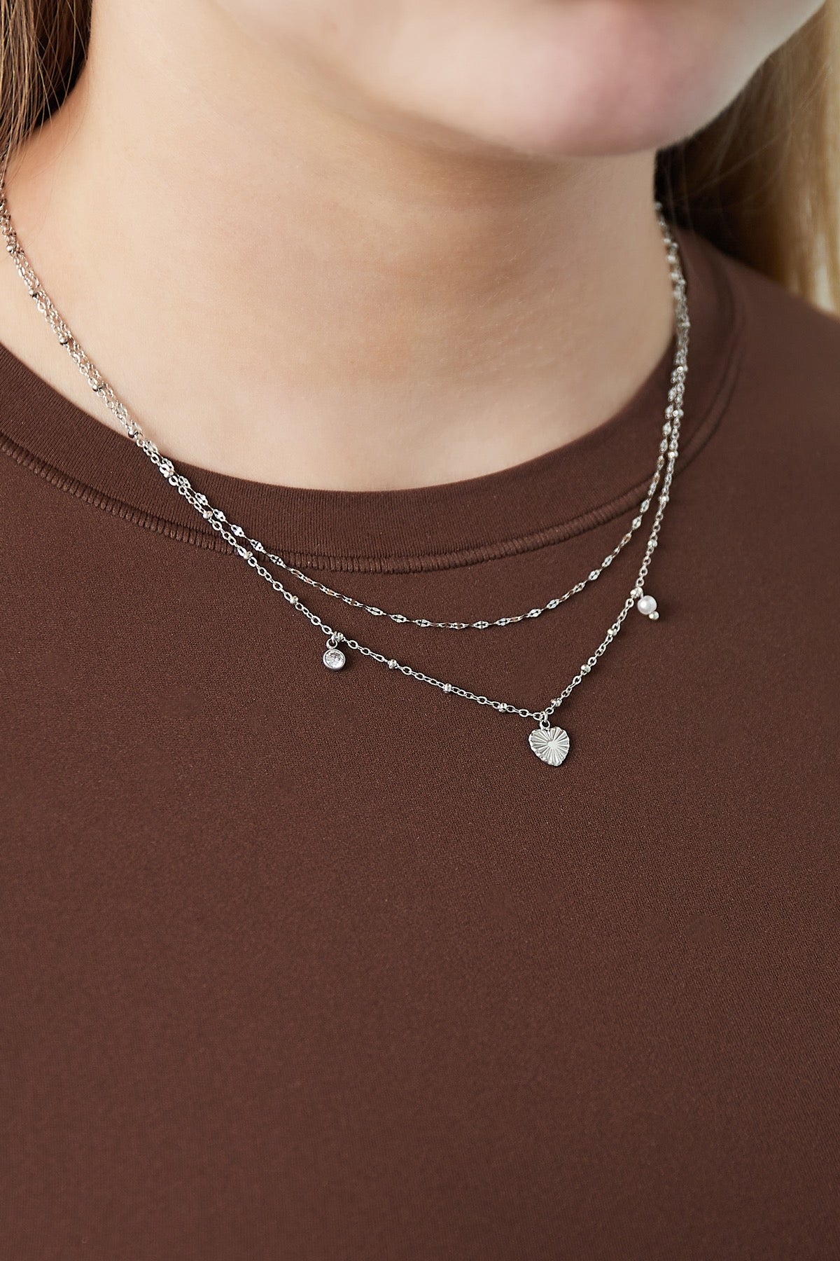Layered Double Chain Heart Pearl Silver Necklace