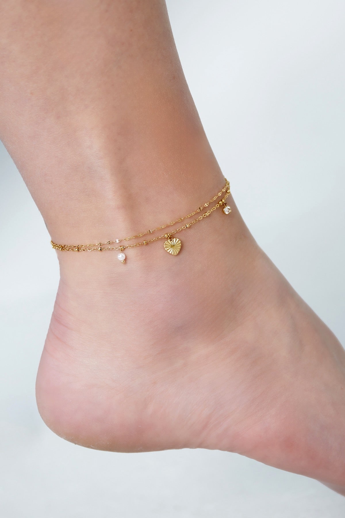 Layered Double Chain Heart Pearl Silver Anklet