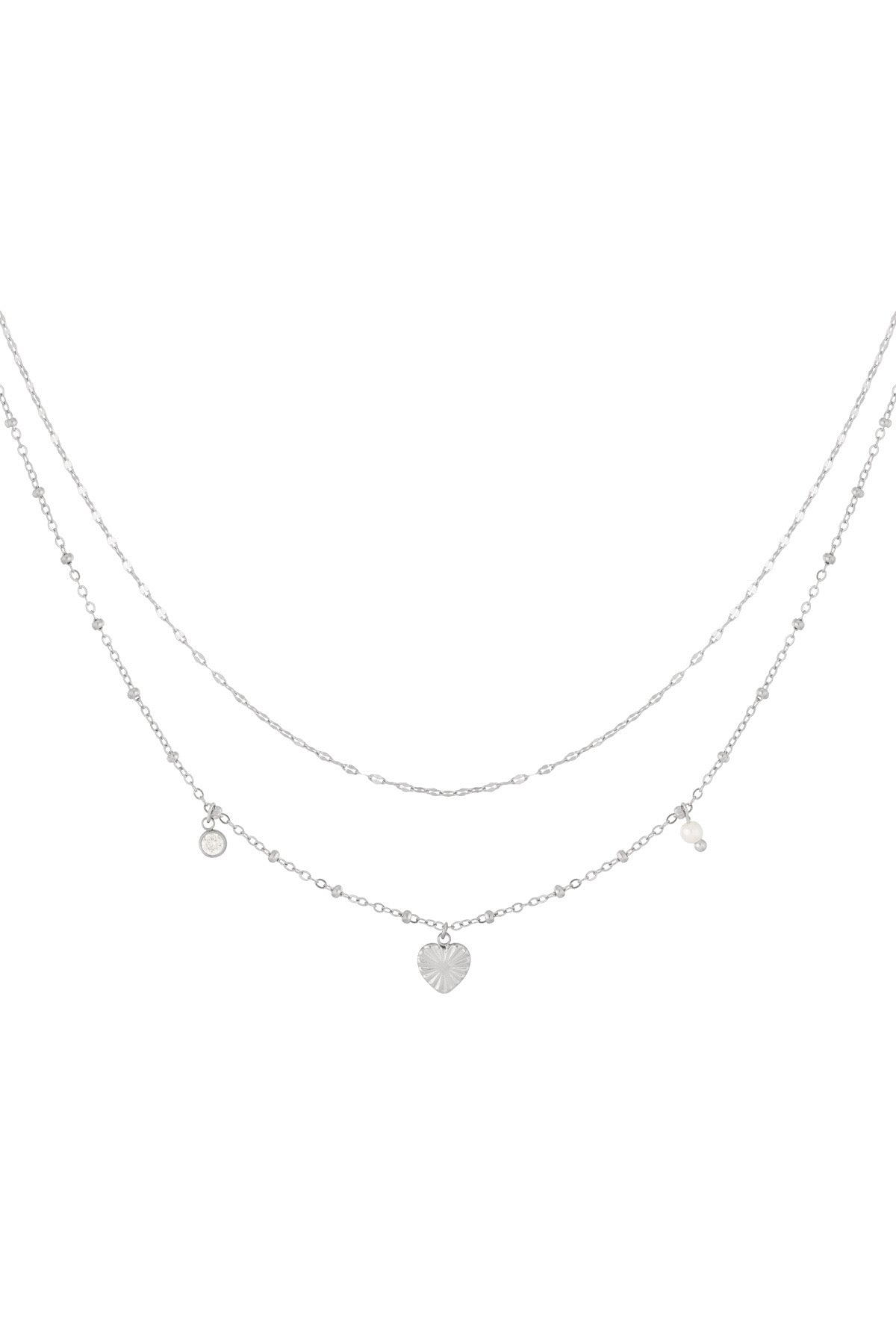 Layered Double Chain Heart Pearl Silver Necklace