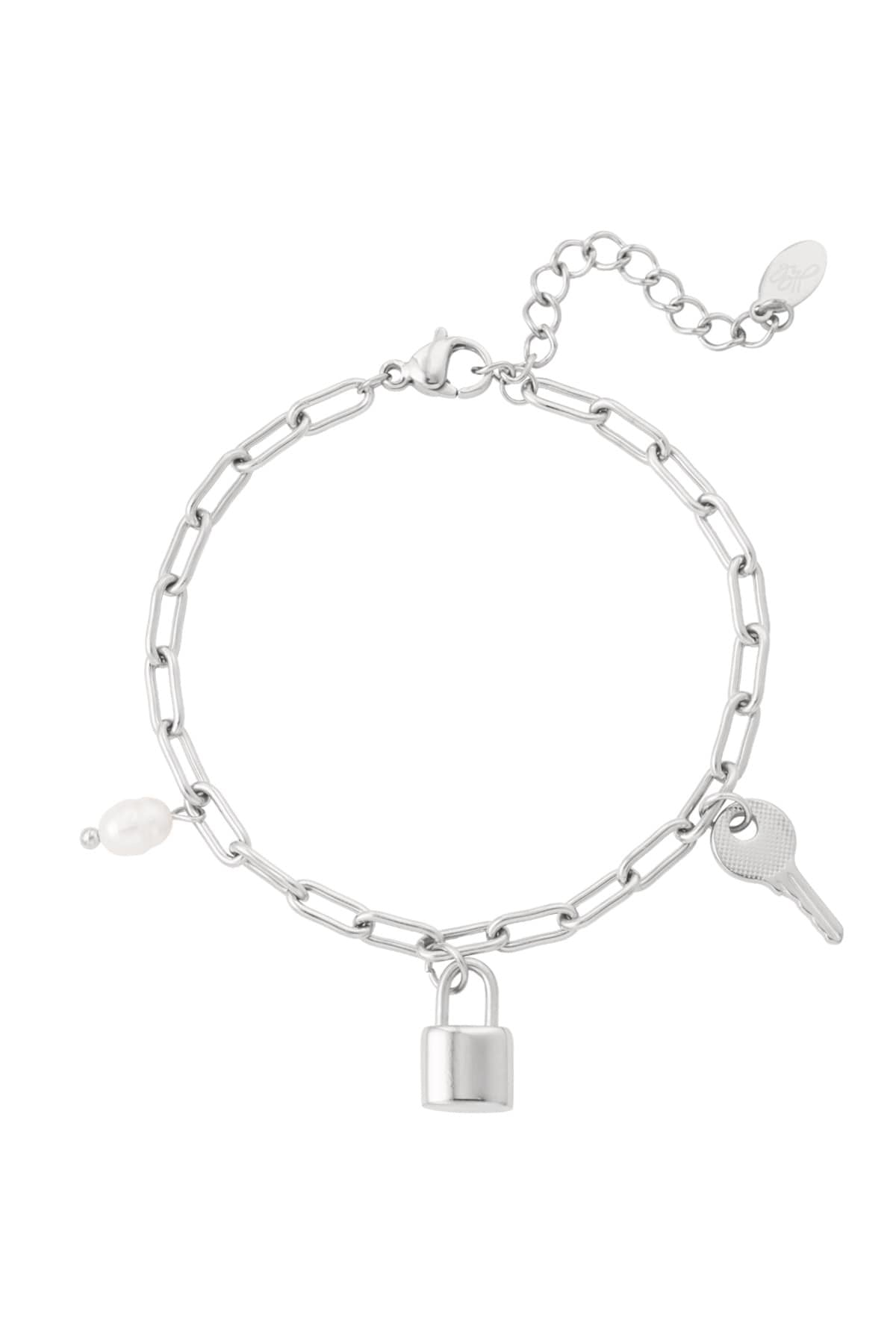 Silver Padlock + Key Pearl Charm Bracelet
