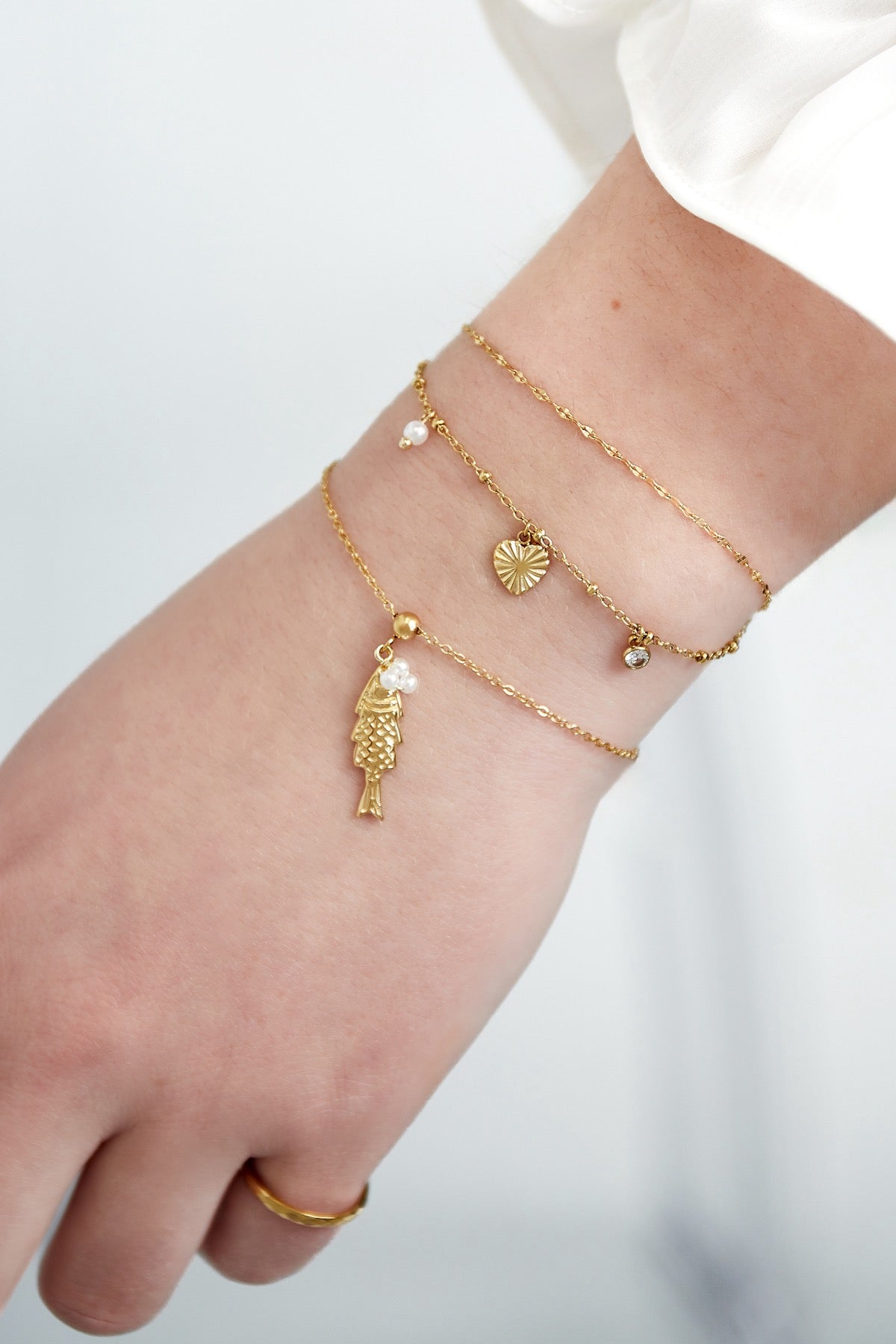 Layered Double Chain Heart Pearl Silver Bracelet
