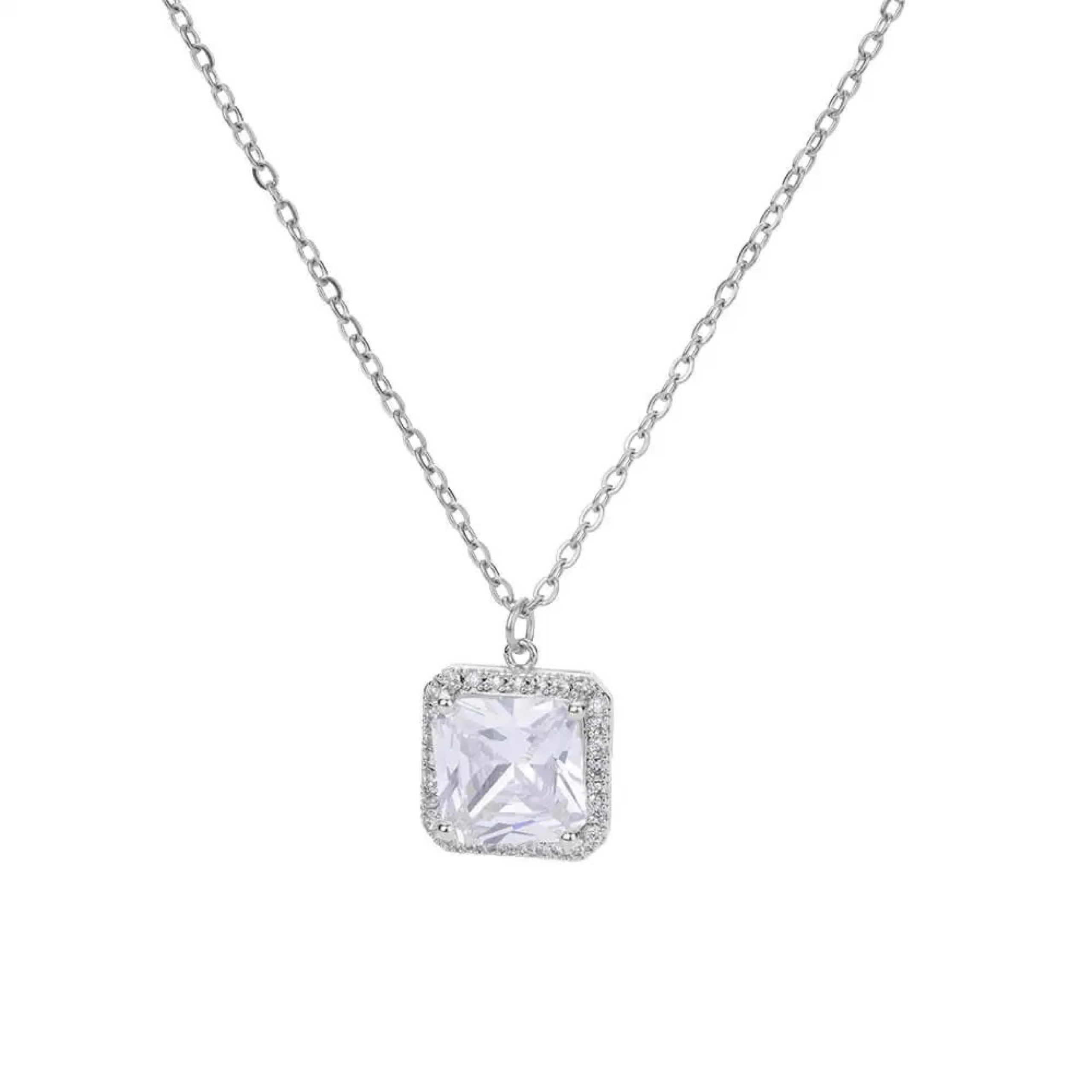 Square Cubic Zirconia Silver Pendant Necklace