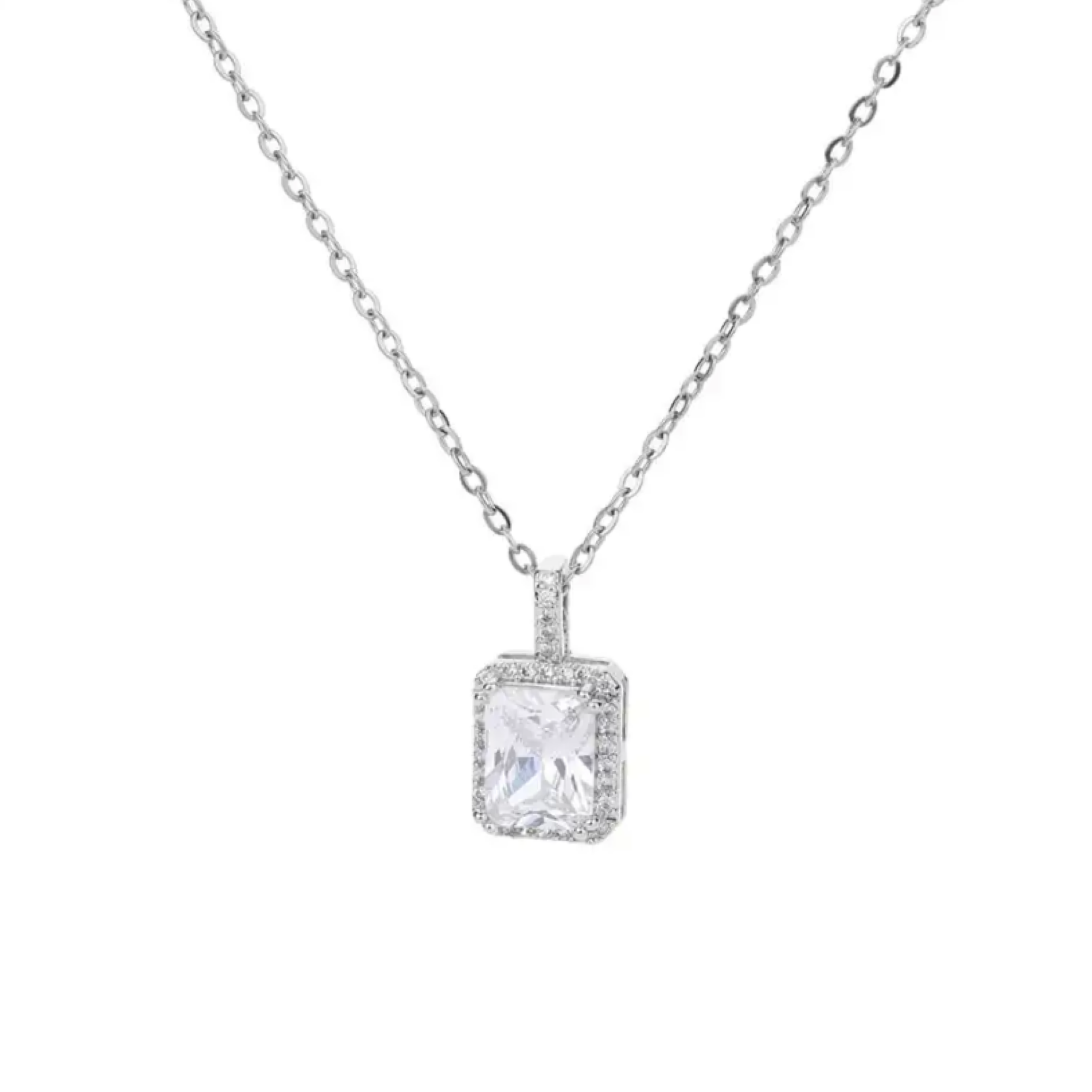 Rectangle Cubic Zirconia Silver Pendant Necklace