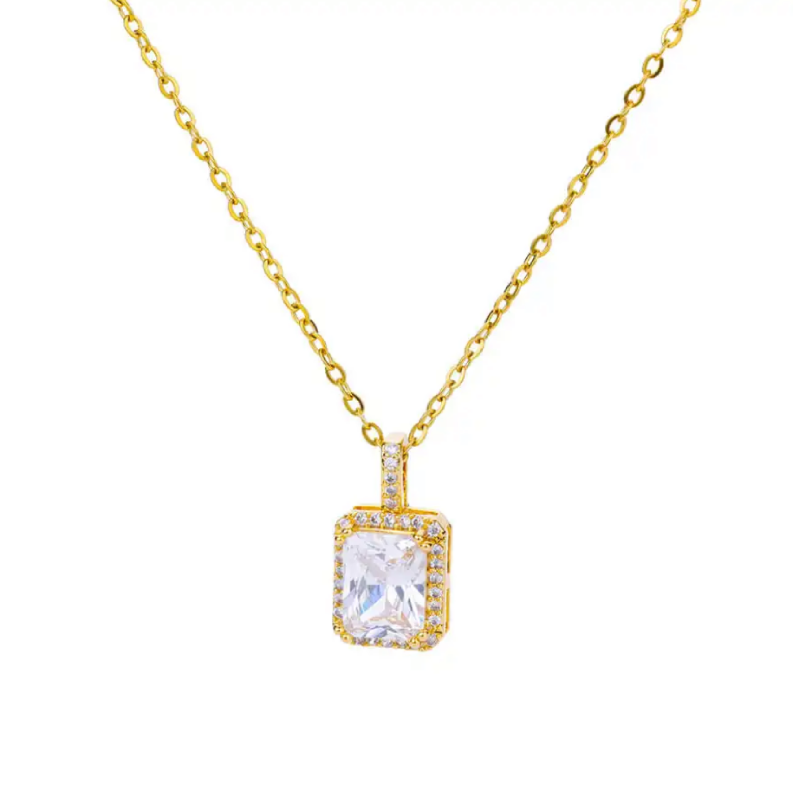 Rectangle Cubic Zirconia Gold Pendant Necklace