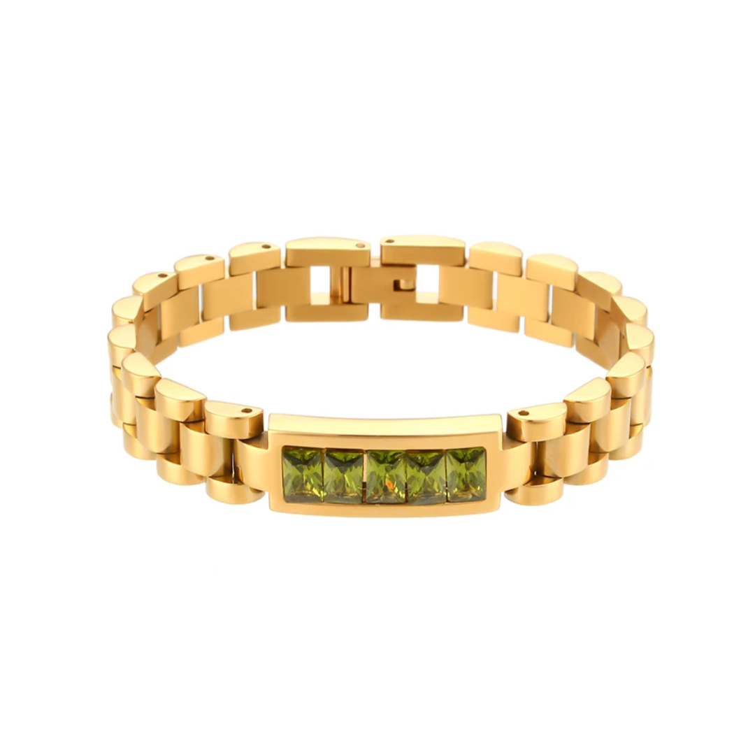 Gold Emerald Green Cubic Zirconia Link Bar Bracelet