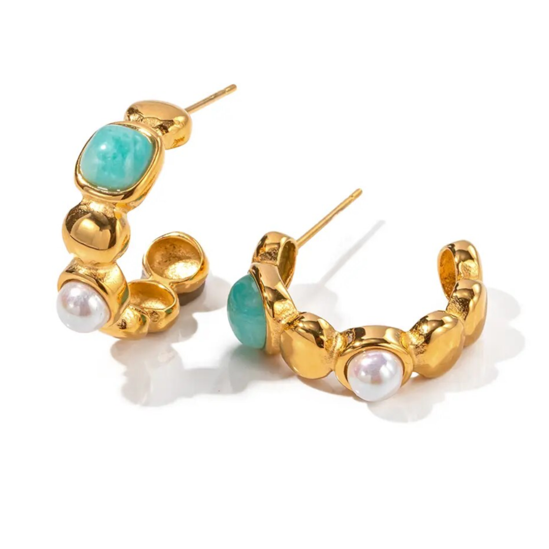 Turquoise Stone Pearl Earrings