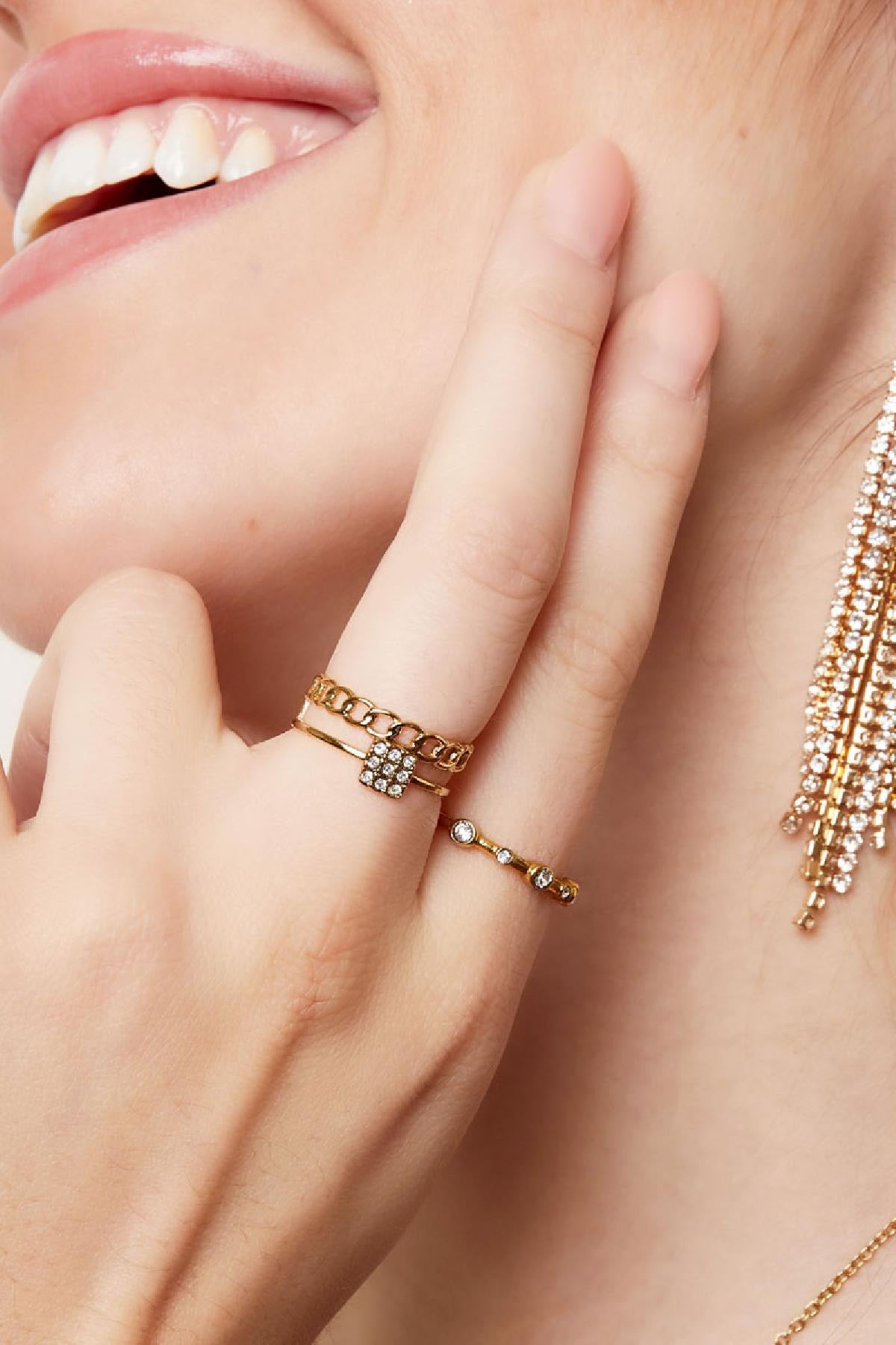 Double Stack Pave Link Cubic Zirconia Adjustable Ring