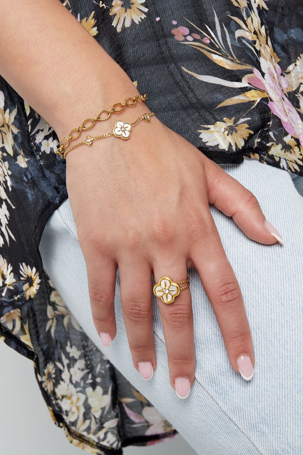 Pearl Clover Cubic Zirconia Gold Adjustable Ring