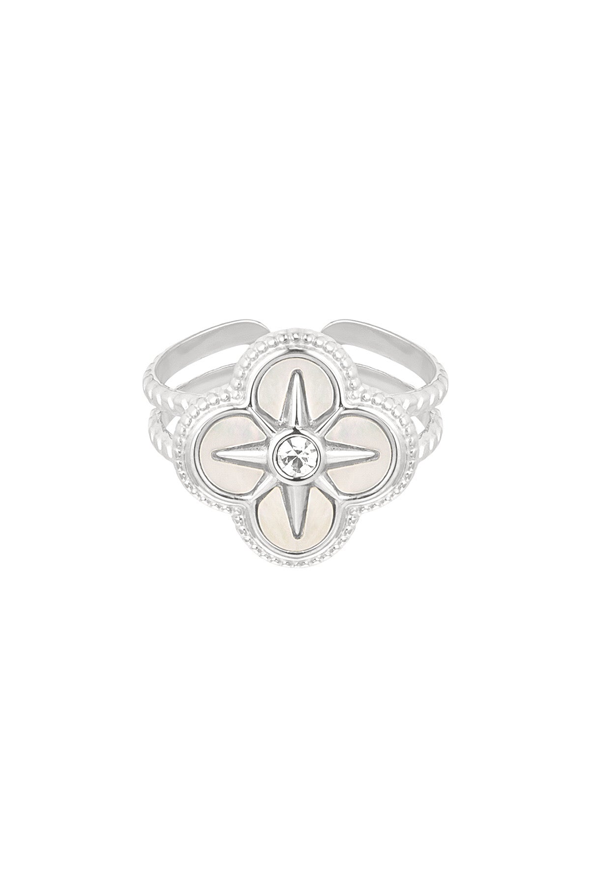 Pearl Clover Cubic Zirconia Silver Adjustable Ring