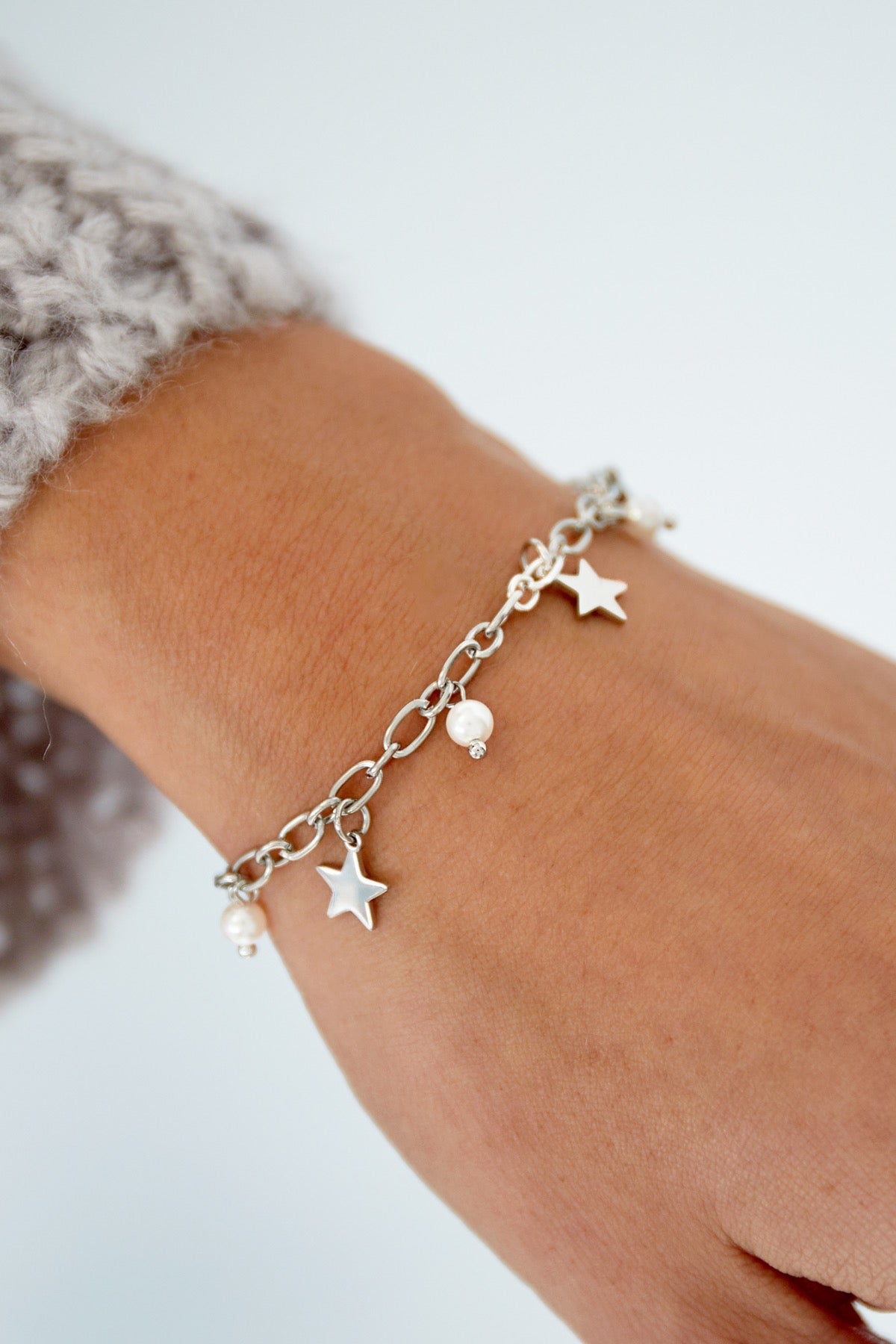 Silver Star + Pearl Charm Bracelet