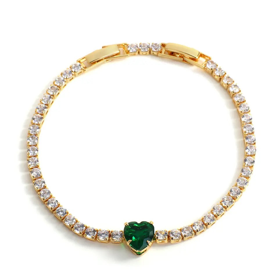 Emerald Green Heart Cubic Zirconia Gold Tennis Bracelet