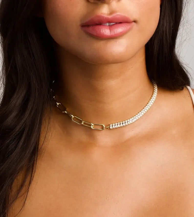 Gold Cubic Zirconia Half Link Choker Necklace