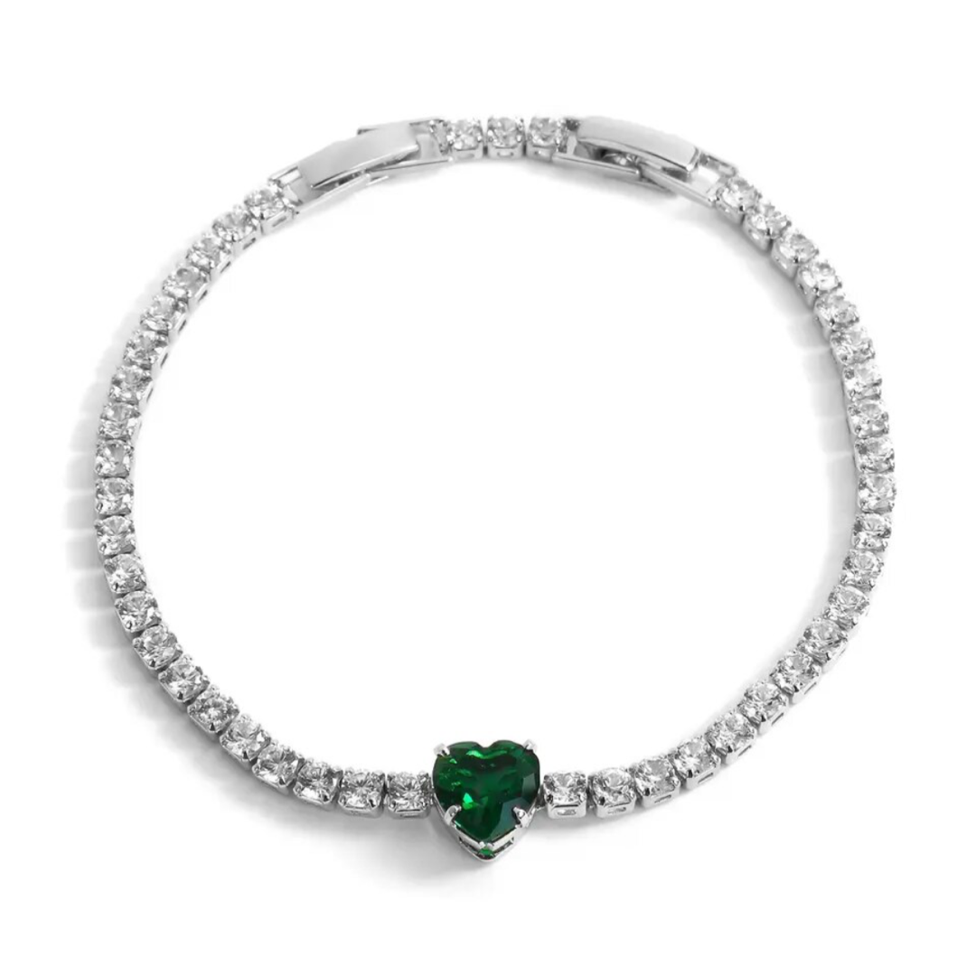 Emerald Green Heart Cubic Zirconia Silver Tennis Bracelet