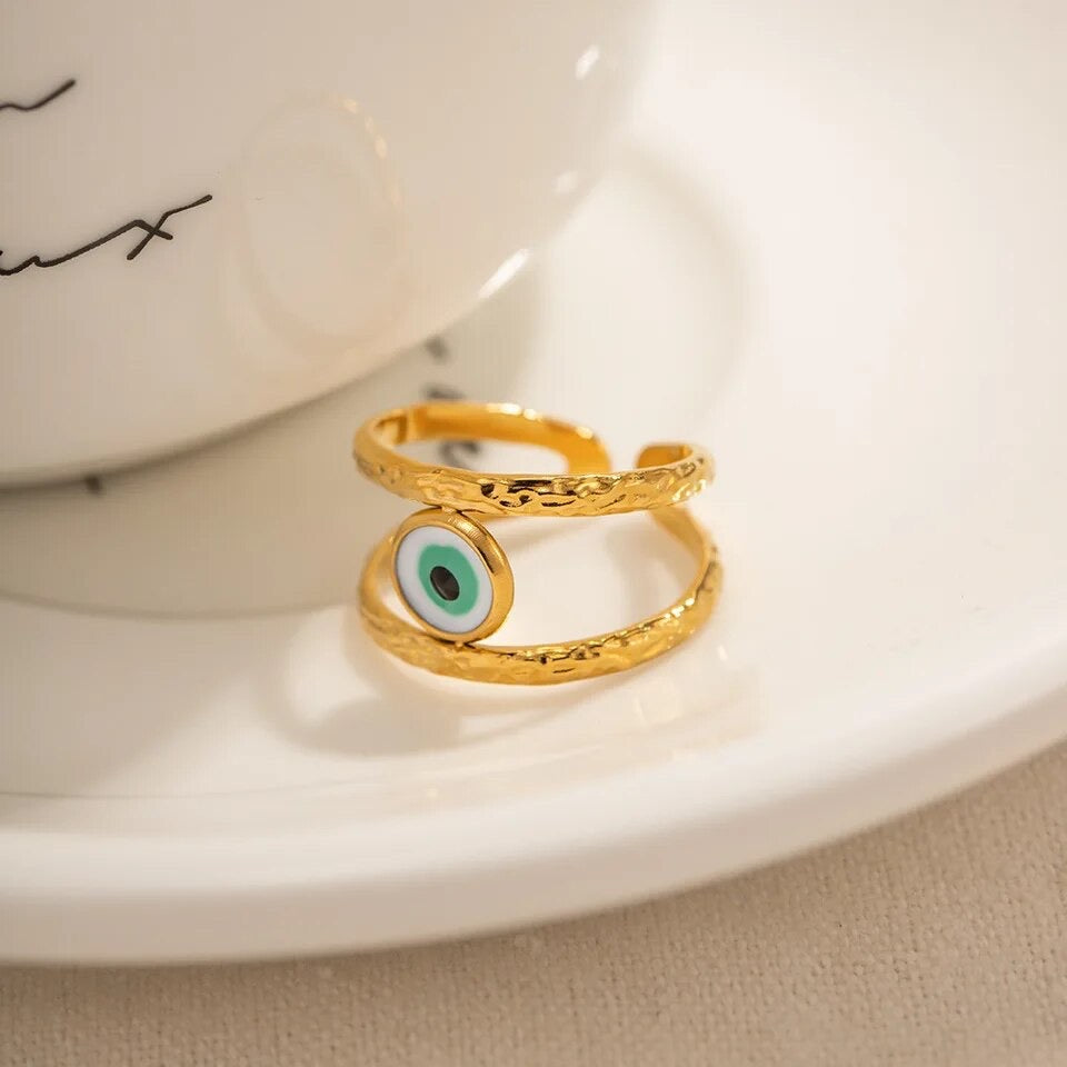 Evil Eye Gold Hammered Adjustable Ring