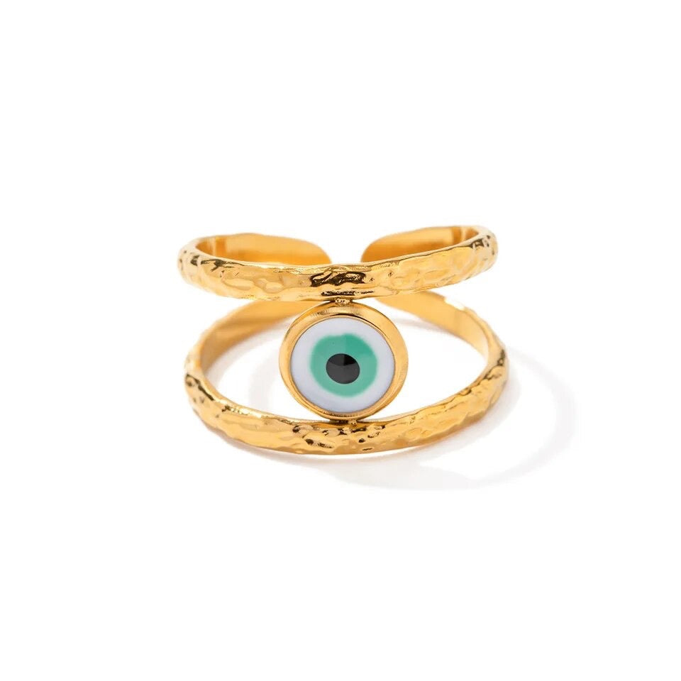 Evil Eye Gold Hammered Adjustable Ring