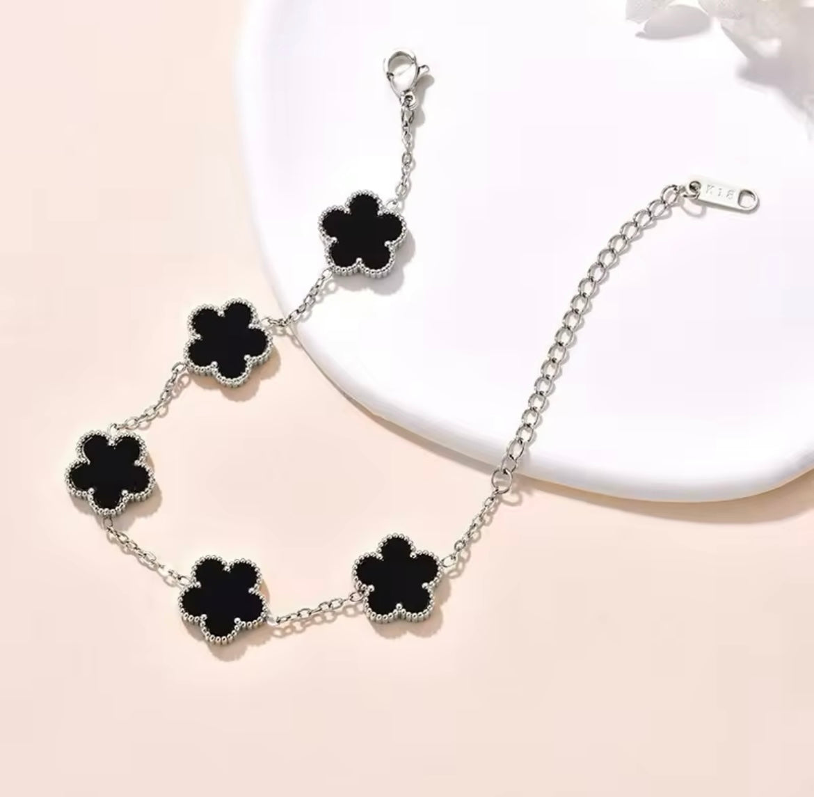 Double Sided Black Clover Silver Bracelet