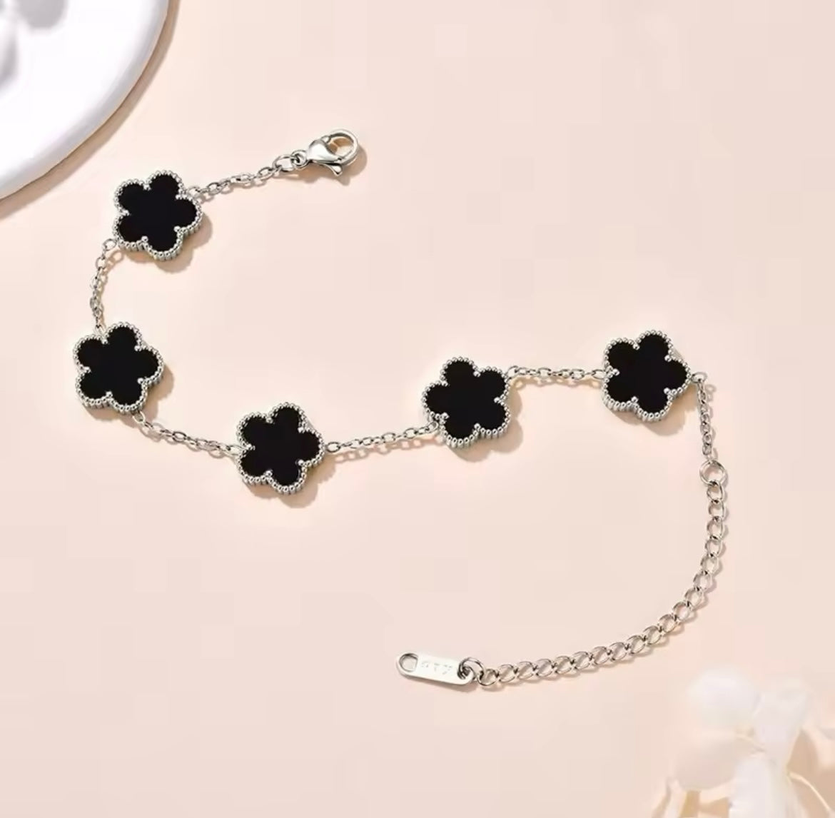 Double Sided Black Clover Silver Bracelet