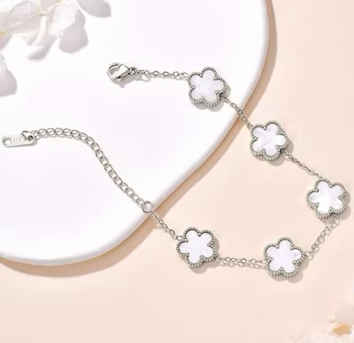 Double Sided White Clover Silver Bracelet