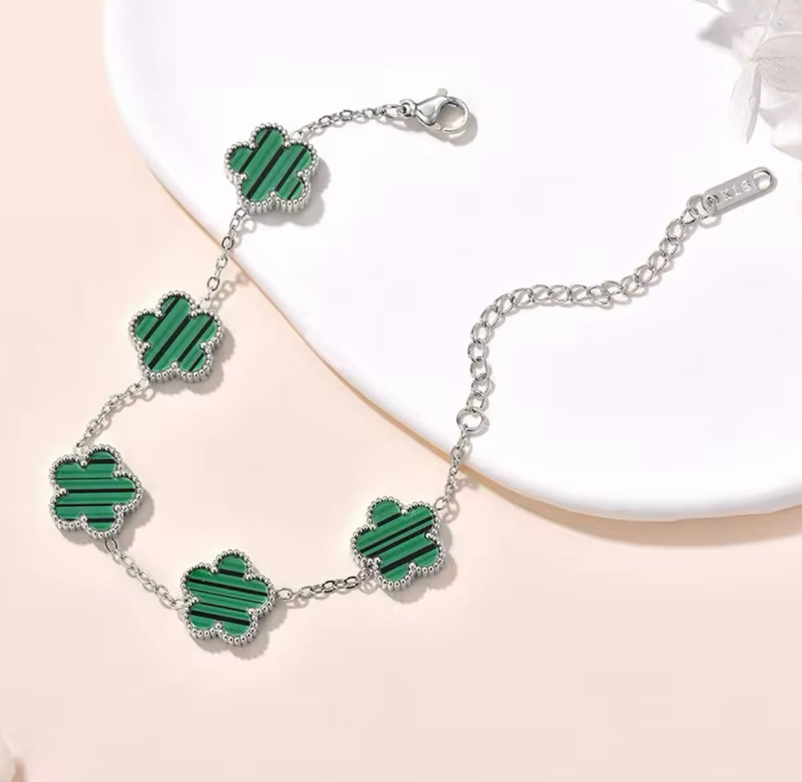 Double Sided Green Clover Silver Bracelet