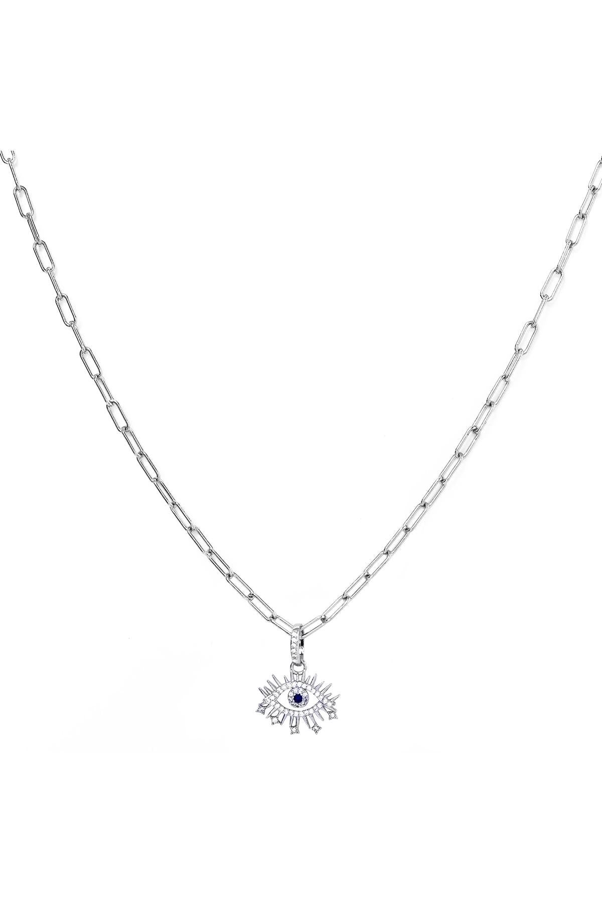 Evil Eye Cubic Zirconia Silver Paperclip Necklace