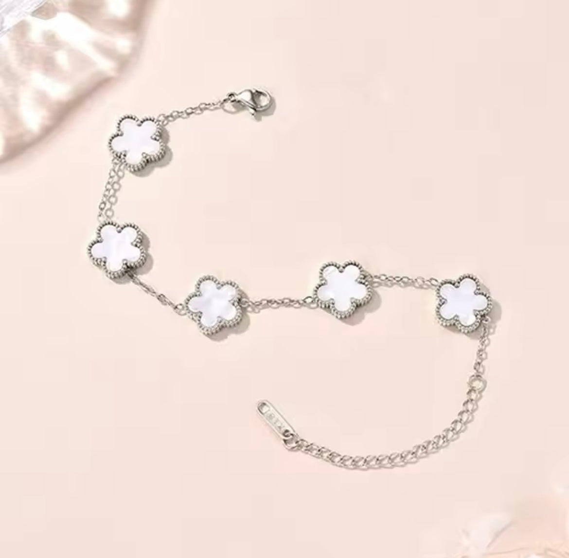 Double Sided White Clover Silver Bracelet