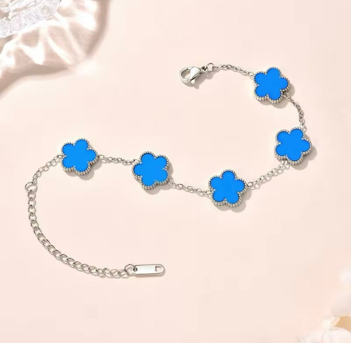 Double Sided Blue Clover Silver Bracelet