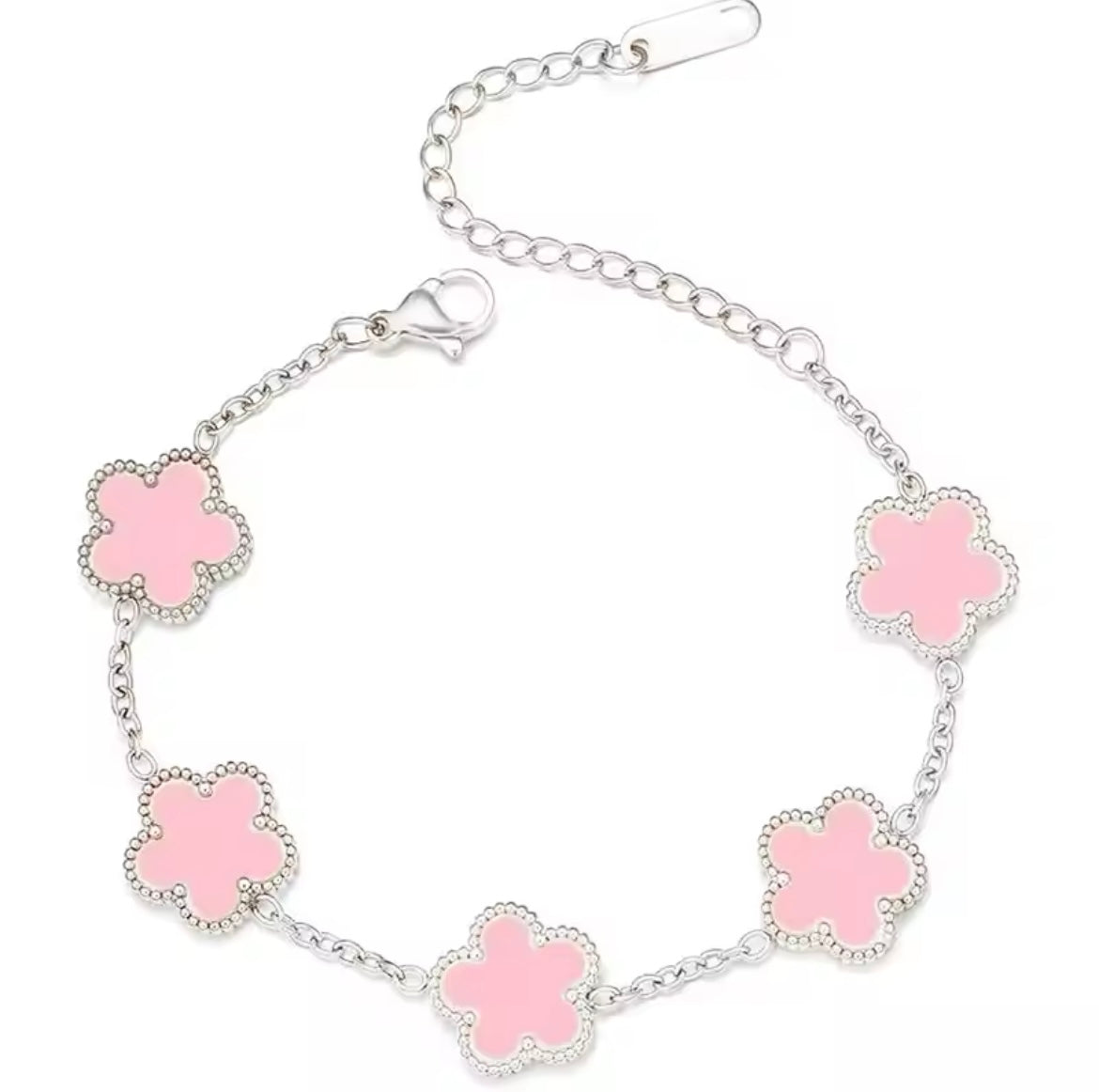 Double Sided Pink Clover Silver Bracelet