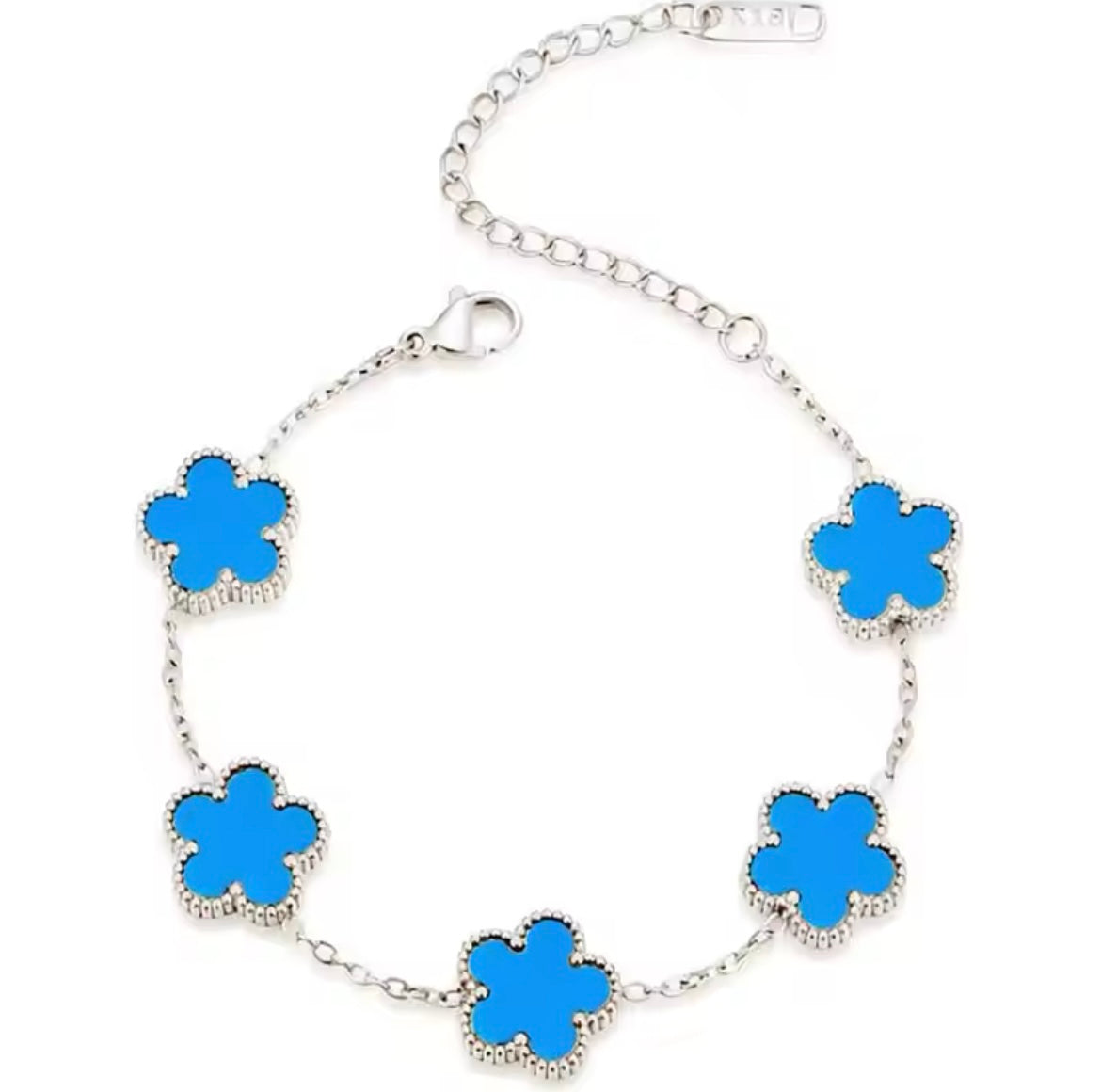 Double Sided Blue Clover Silver Bracelet