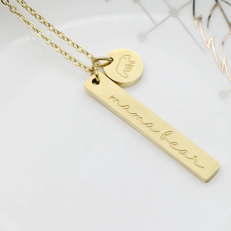 Mama Bear Engraved Gold Necklace