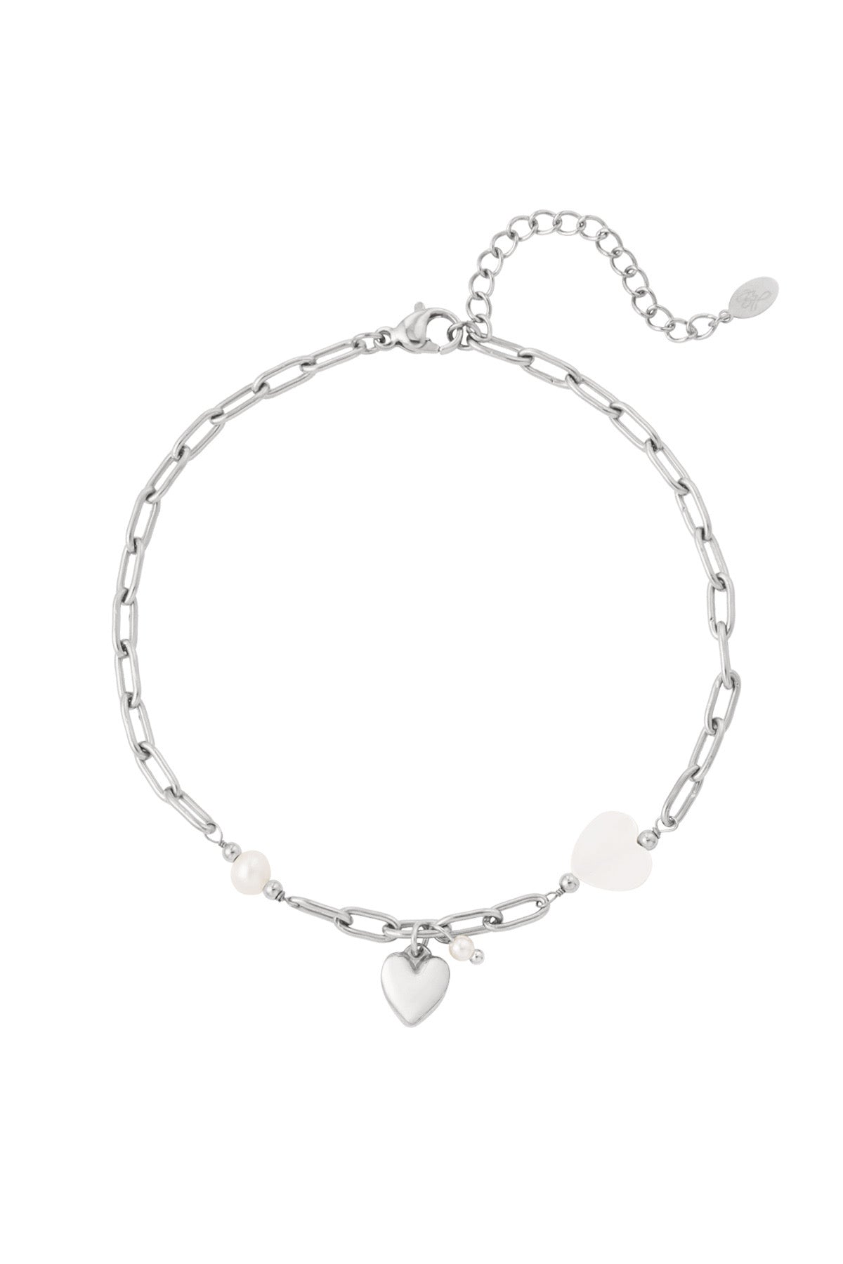 Silver Pearl + Heart Charm Anklet