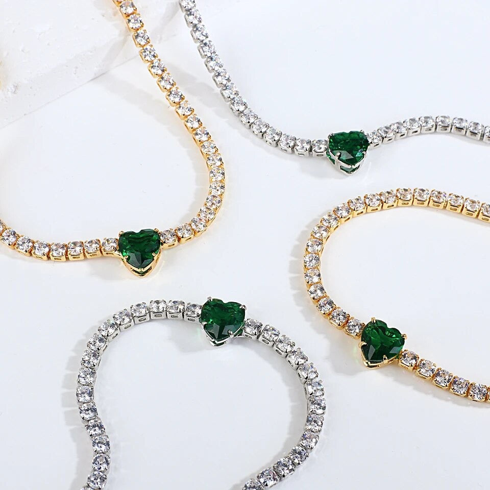 Emerald Green Heart Cubic Zirconia Gold Tennis Bracelet