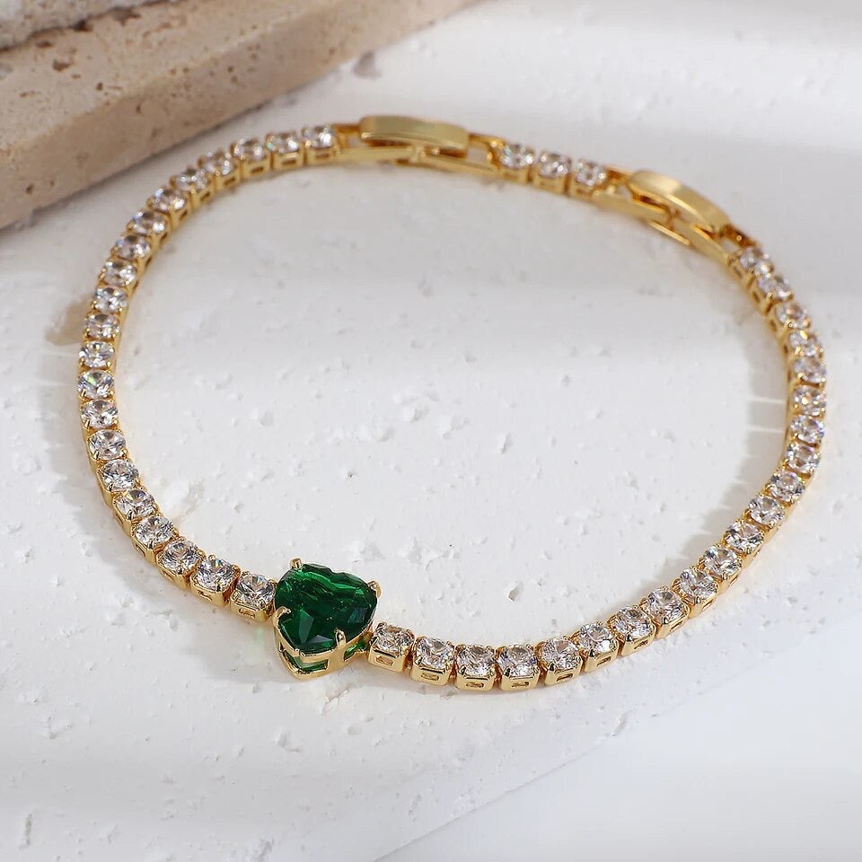 Emerald Green Heart Cubic Zirconia Gold Tennis Bracelet