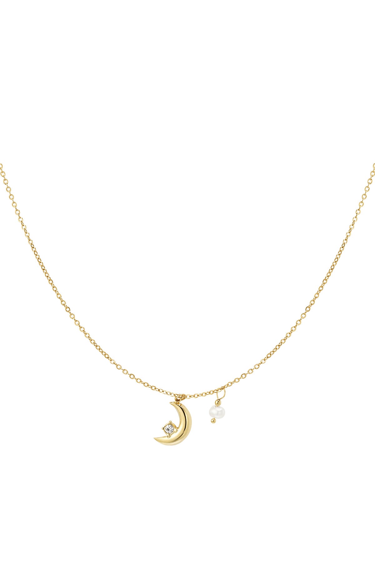 Moon Cubic Zirconia Pearl Charm Gold Necklace