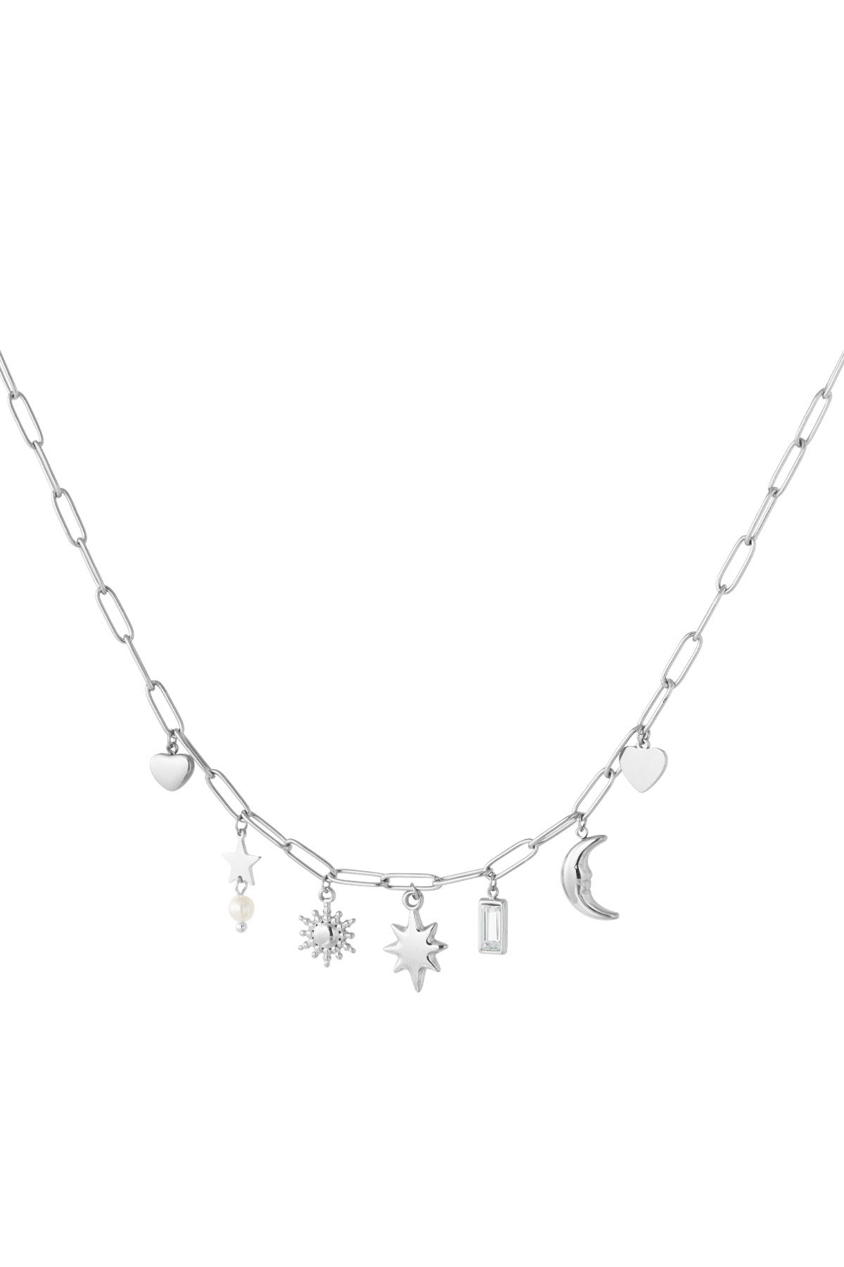 Silver Heart Star Moon Charm Necklace